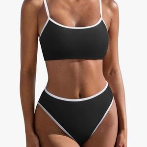 High Waisted 2 Piece Bikini Set Cheeky High Cut Bandeau Swimsuit Black & White
